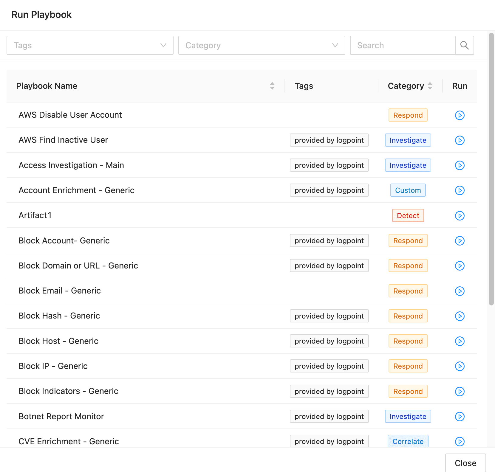 Find a playbook Find a playbook to run from Case Management